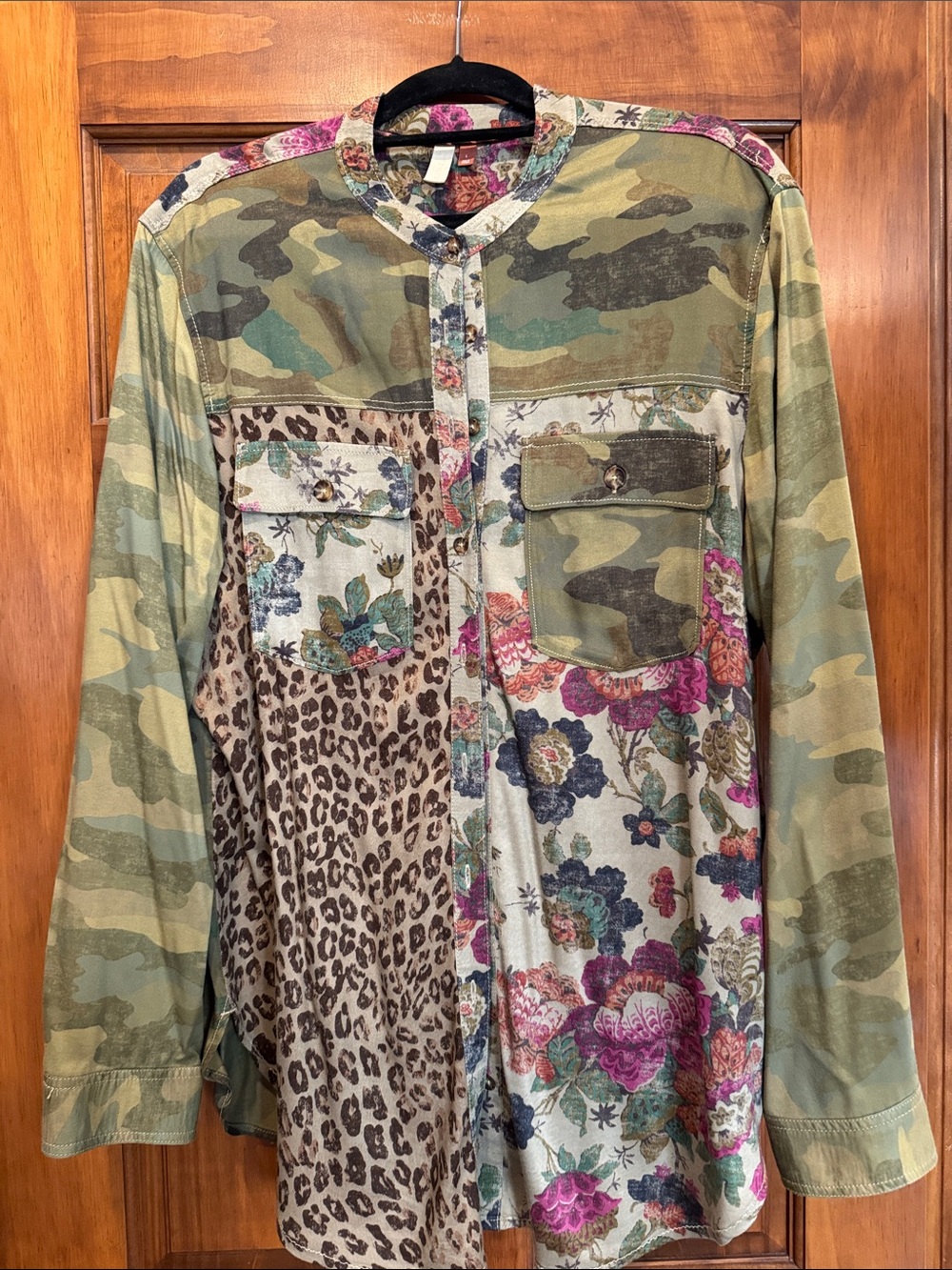Pilcro Mixed-Print Button-Down Shirt in Green Camo, Floral & Leopard